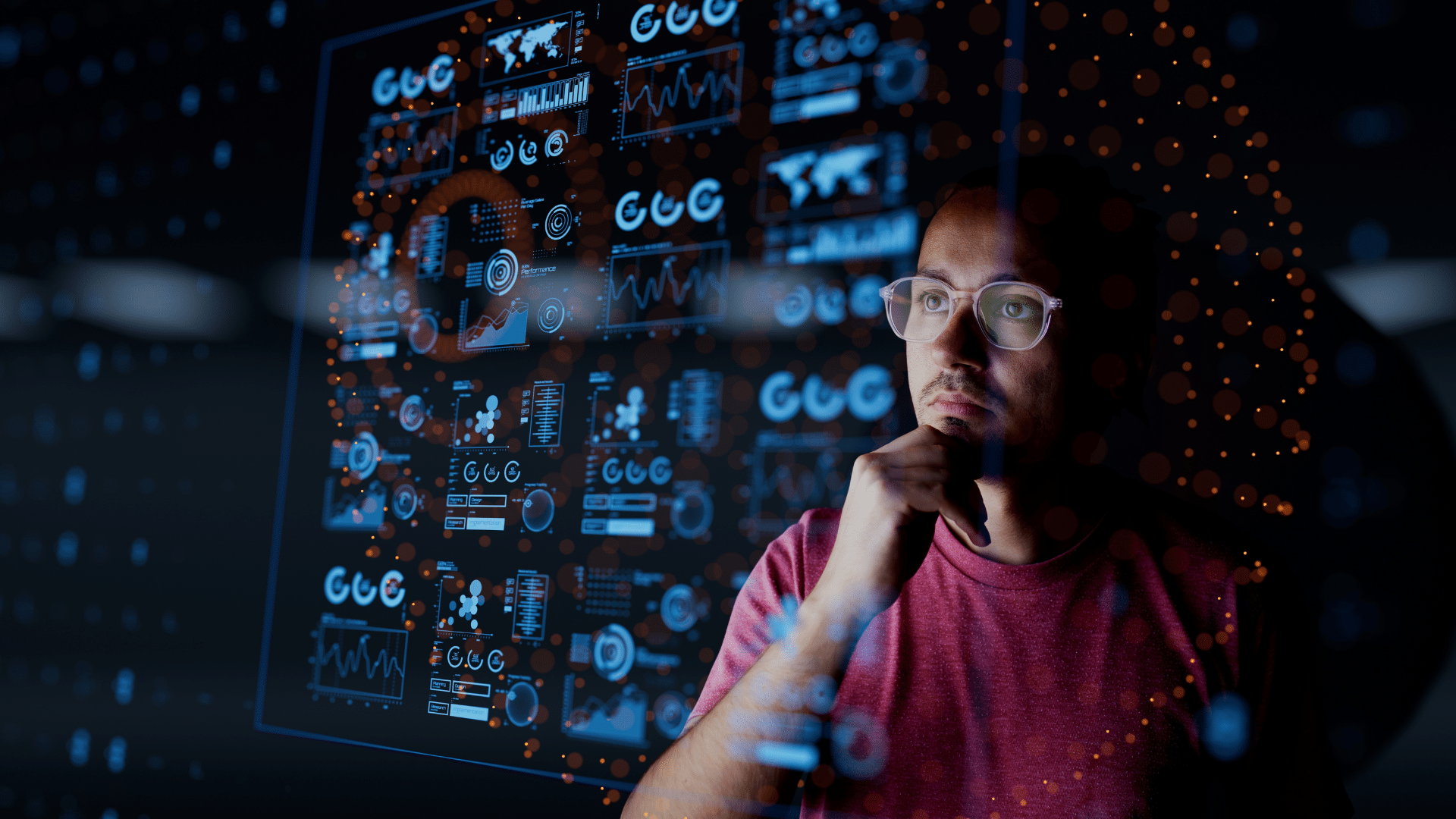 Microsoft Copilot - AI design of man looking at tech figures